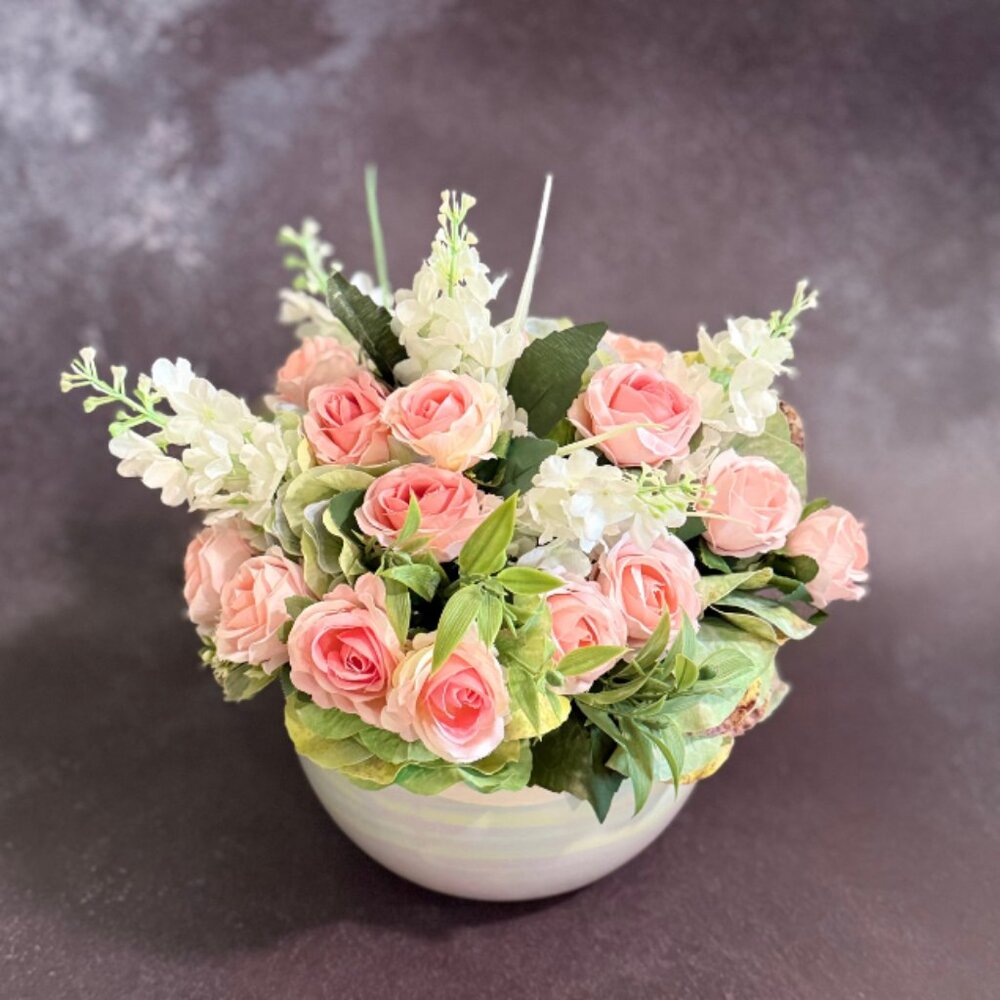 Faux Pink Rose Floral Arrangement Centerpiece in Ceramic Pearl Bowl
